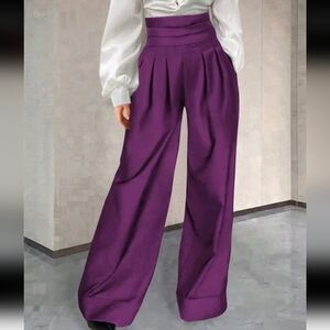 Women's Solid High-Waisted Pleated Casual Extra Long Elegant Pant